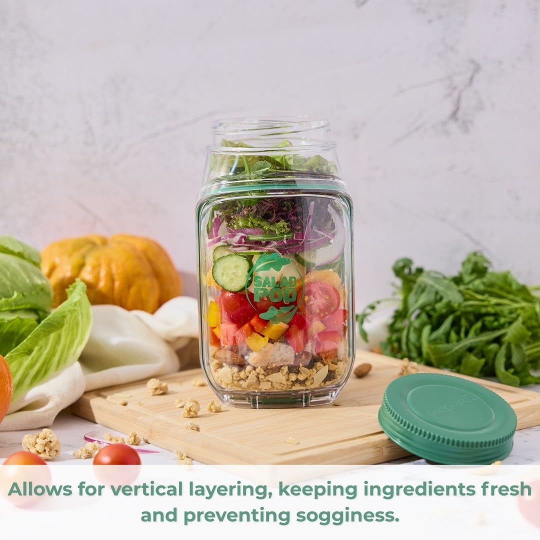 Salad Pod – Leakproof Mason Jar Style Salad Container with Side Hatch Bowl Design