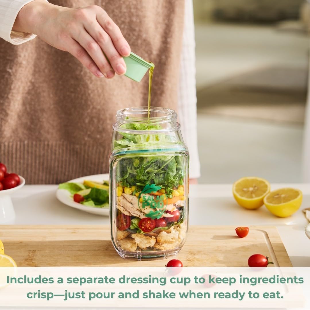 Salad Pod – Leakproof Mason Jar Style Salad Container with Side Hatch Bowl Design