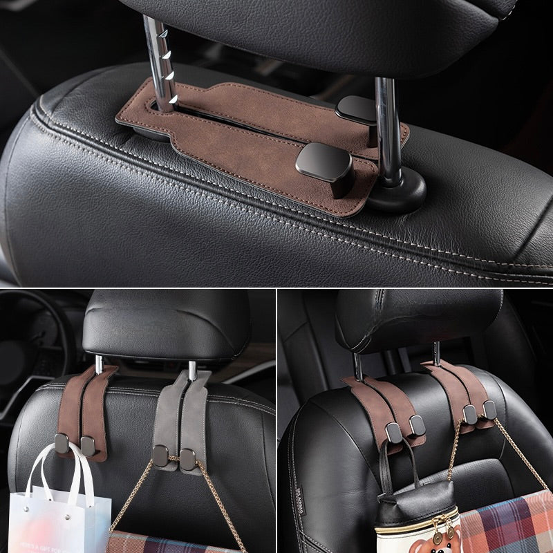 Car Seat Back Storage Hook - Real Leather with Dual Metal Hooks
