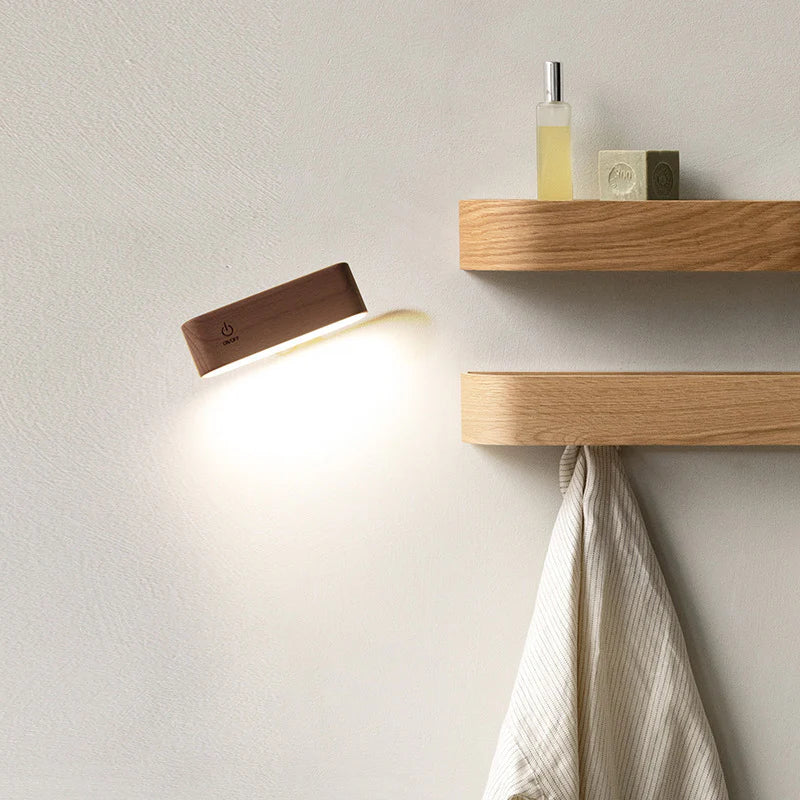 Versatile Walnut/Elm Magnetic Rechargeable Desk Lamp with 360° Rotation