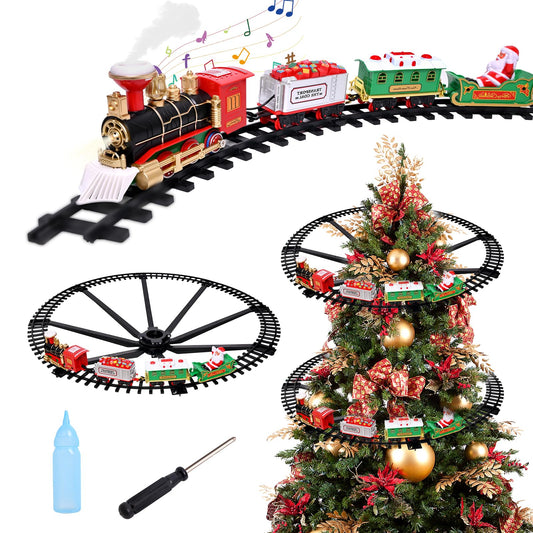 Tren navideño para el árbol: tren eléctrico festivo con luces, sonido y efectos de humo