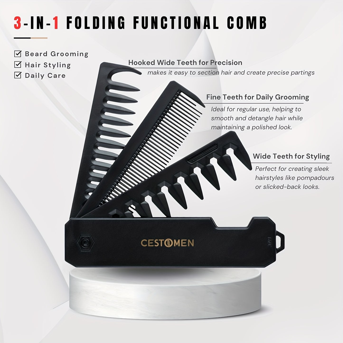 3-in-1 Folding Comb for Men'S Beard Styling, Oil Head Styling, Smooth Hair Straightening