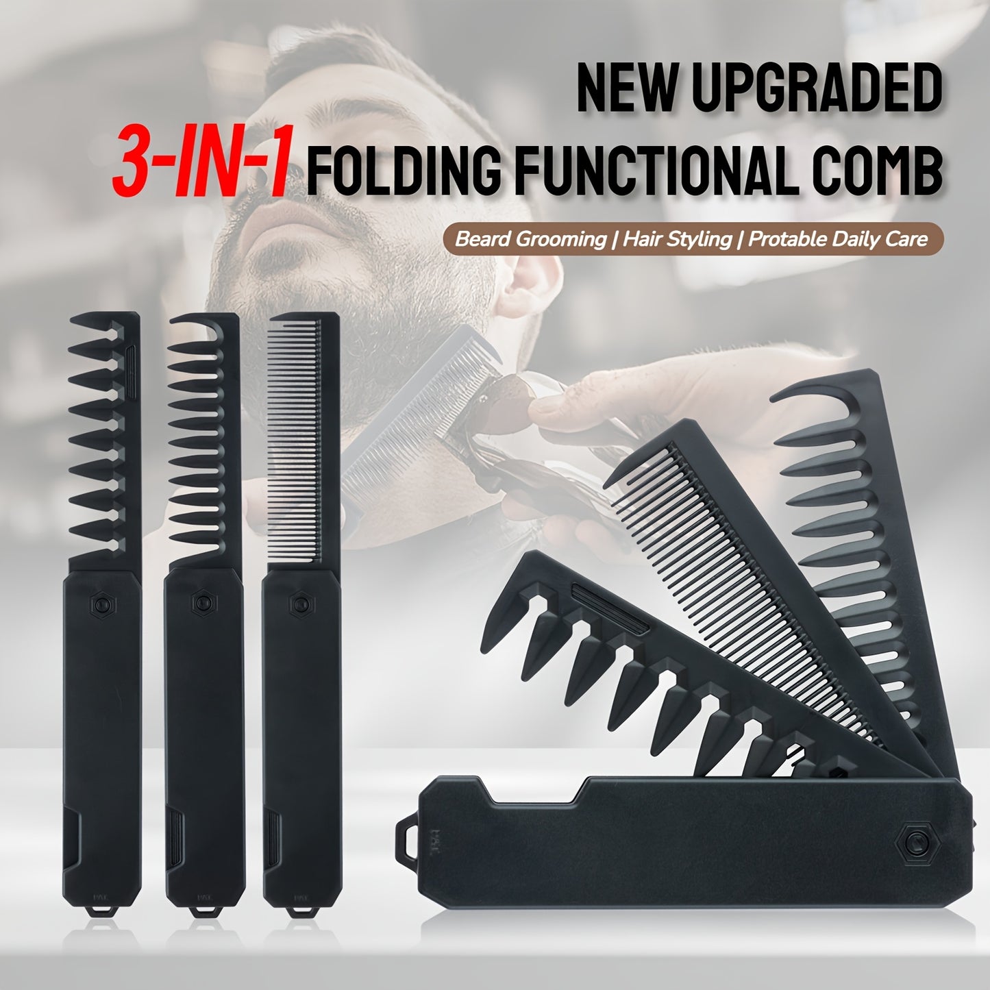 3-in-1 Folding Comb for Men'S Beard Styling, Oil Head Styling, Smooth Hair Straightening