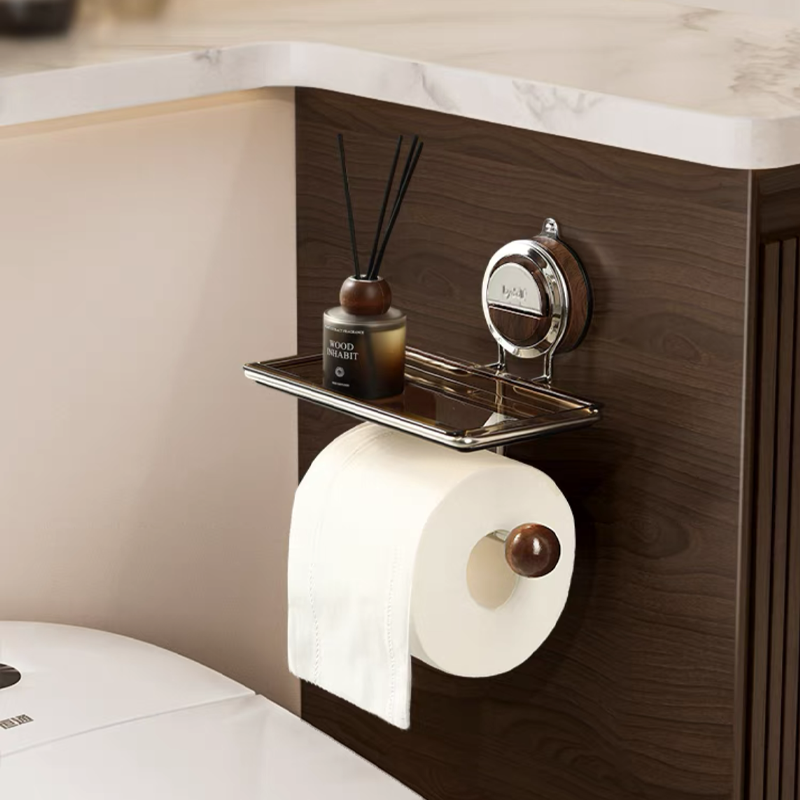No-Drill Suction Walnut Wood & Steel Toilet Paper Holder