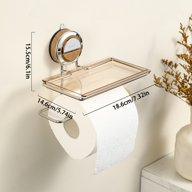 No-Drill Suction Walnut Wood & Steel Toilet Paper Holder