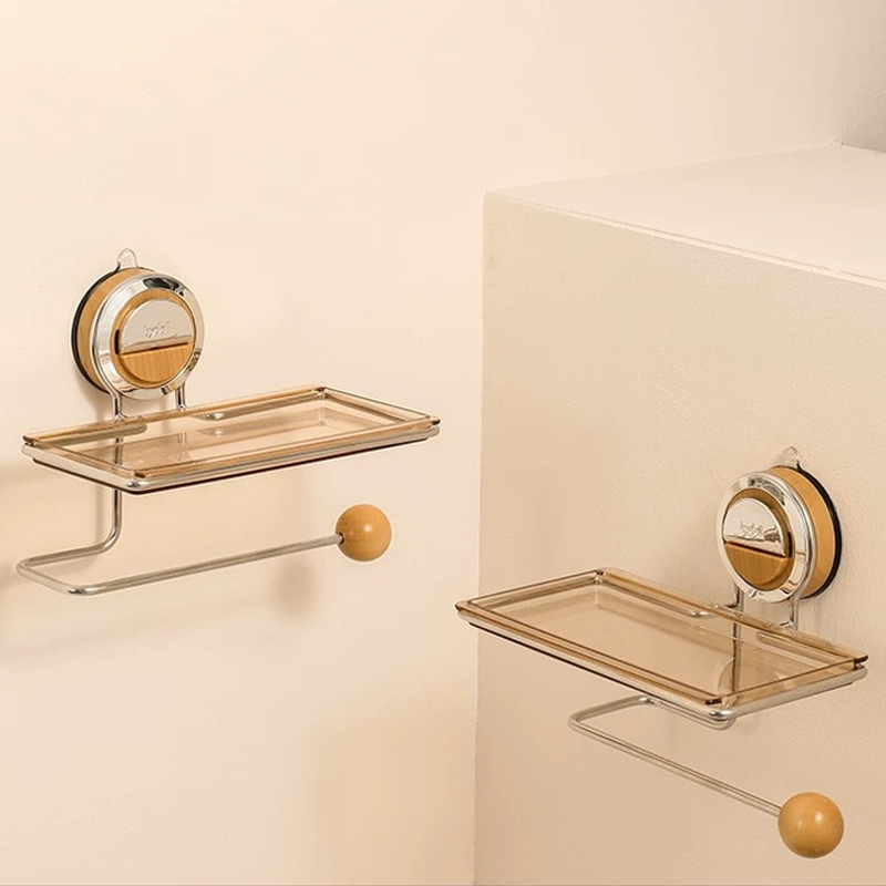 No-Drill Suction Walnut Wood & Steel Toilet Paper Holder