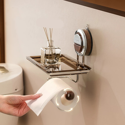 Portarrollos de papel higiénico de madera de nogal y acero con ventosa sin taladros