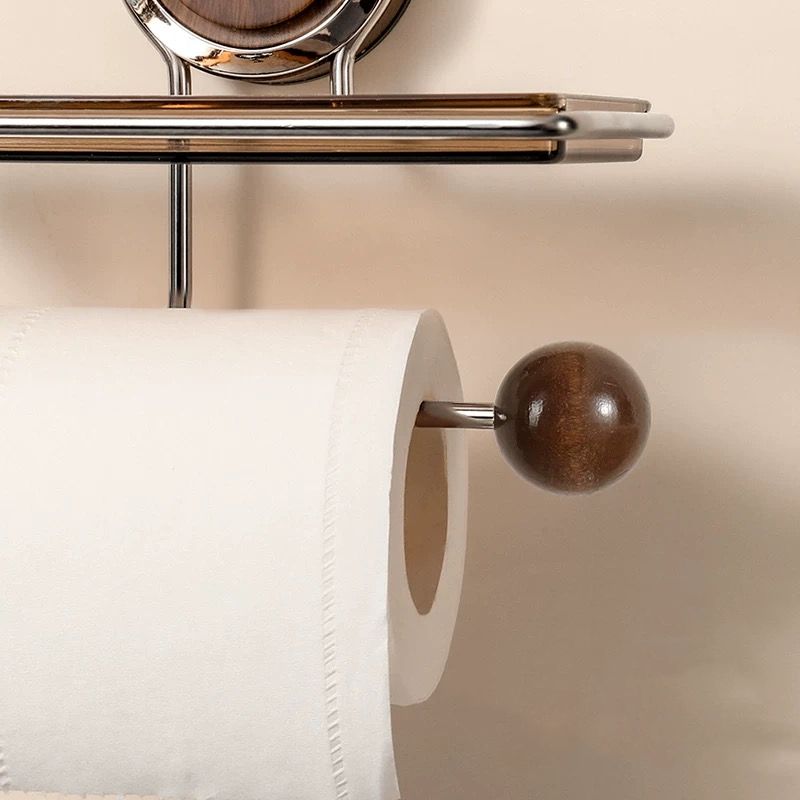 No-Drill Suction Walnut Wood & Steel Toilet Paper Holder
