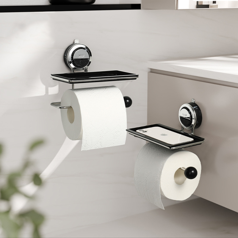No-Drill Suction Walnut Wood & Steel Toilet Paper Holder