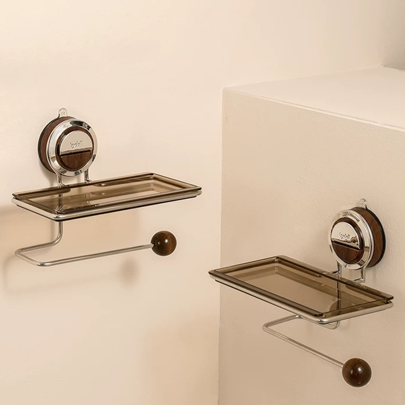 No-Drill Suction Walnut Wood & Steel Toilet Paper Holder