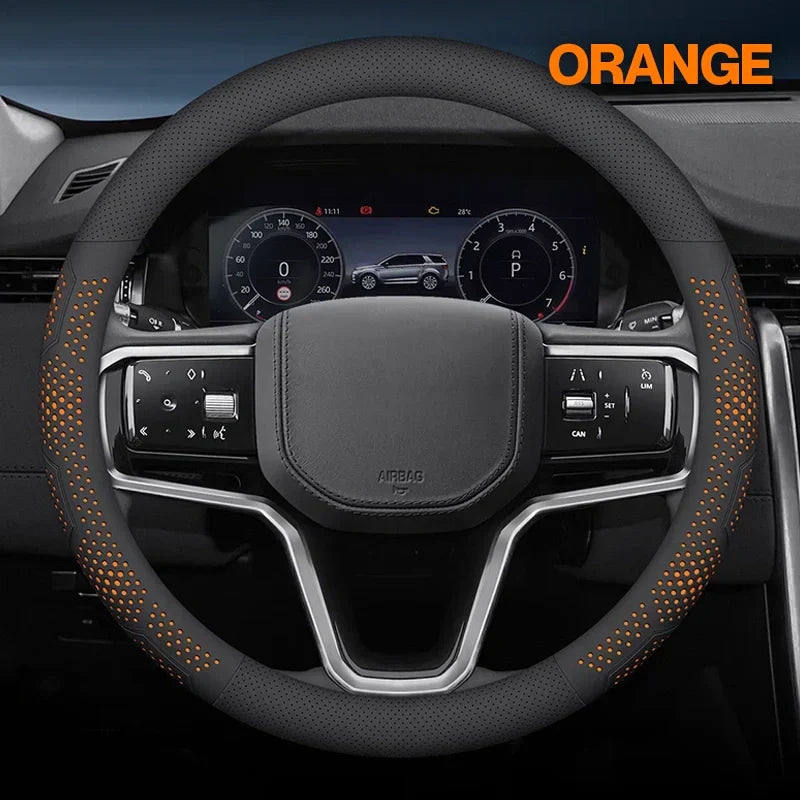 Ultra-Thin Breathable Genuine Leather Steering Wheel Cover with Anti-Slip Grip