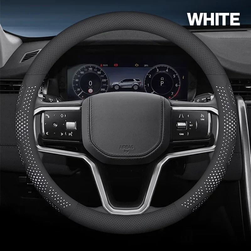 Ultra-Thin Breathable Genuine Leather Steering Wheel Cover with Anti-Slip Grip