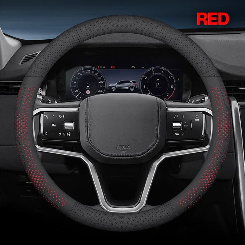 Ultra-Thin Breathable Genuine Leather Steering Wheel Cover with Anti-Slip Grip