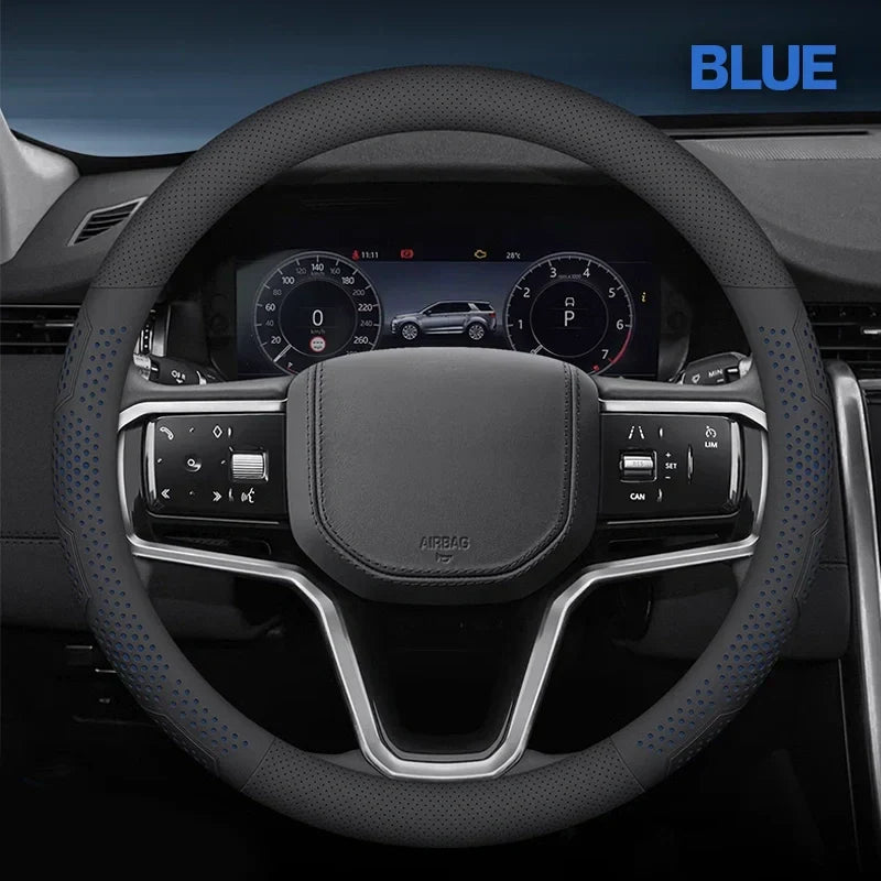 Ultra-Thin Breathable Genuine Leather Steering Wheel Cover with Anti-Slip Grip