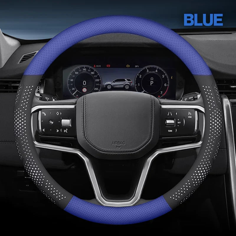 Ultra-Thin Breathable Genuine Leather Steering Wheel Cover with Anti-Slip Grip