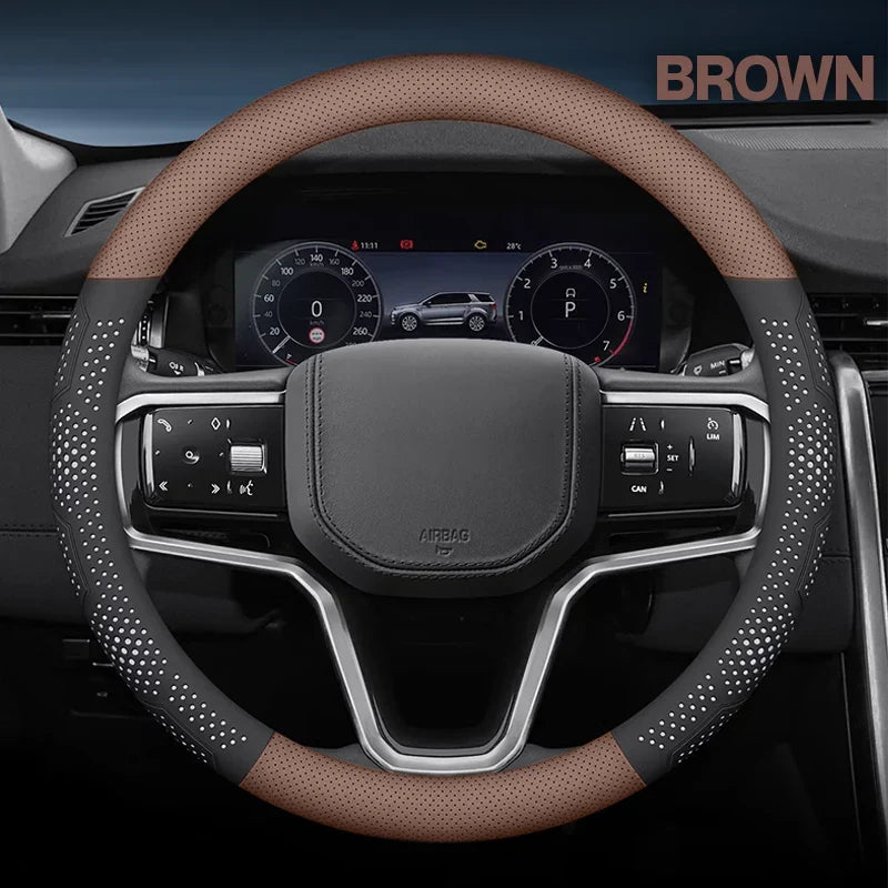 Ultra-Thin Breathable Genuine Leather Steering Wheel Cover with Anti-Slip Grip
