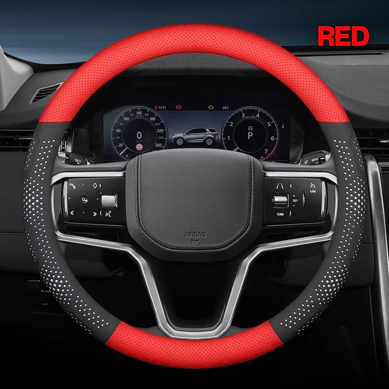 Ultra-Thin Breathable Genuine Leather Steering Wheel Cover with Anti-Slip Grip