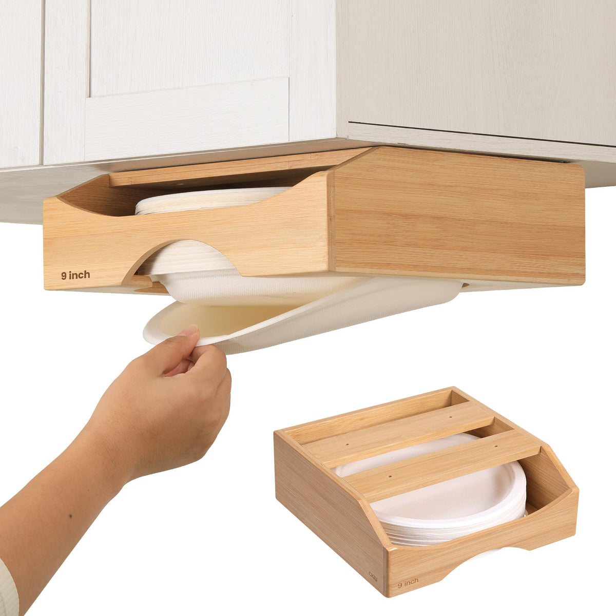 9-Inch Paper Plate Dispenser – Bamboo Under Cabinet & Countertop Plate Holder