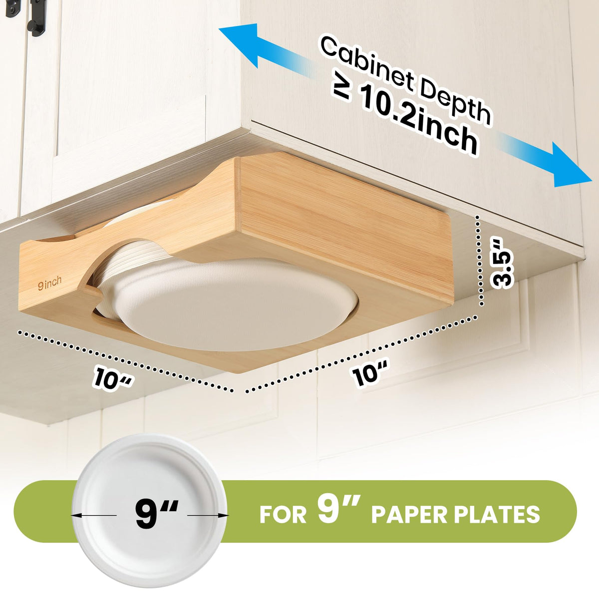 9-Inch Paper Plate Dispenser – Bamboo Under Cabinet & Countertop Plate Holder