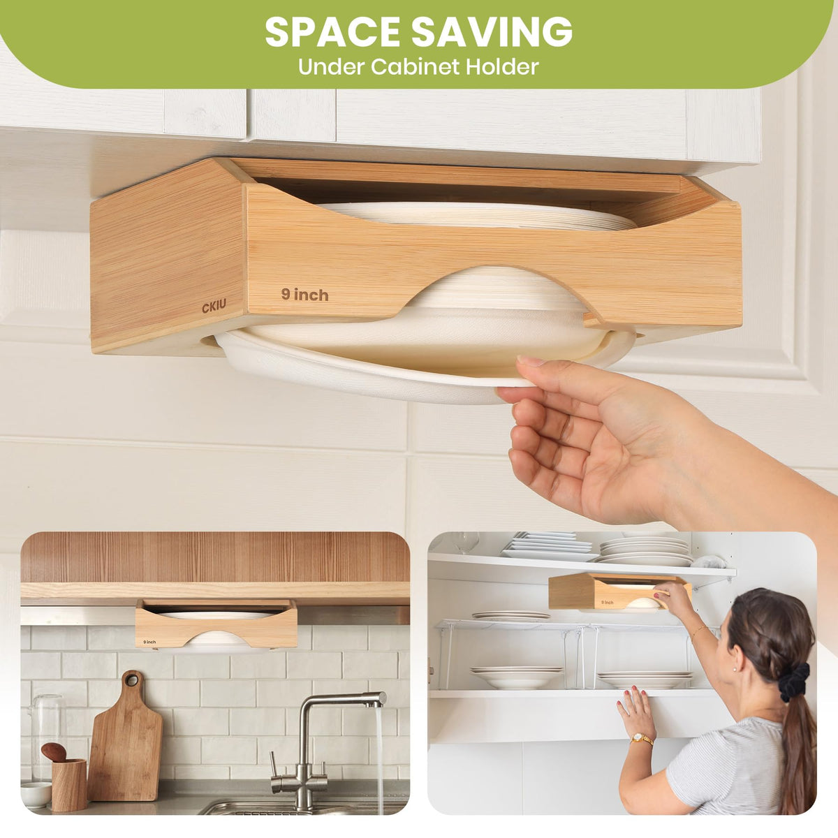 9-Inch Paper Plate Dispenser – Bamboo Under Cabinet & Countertop Plate Holder