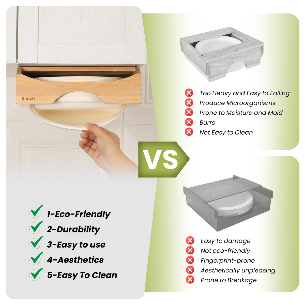 9-Inch Paper Plate Dispenser – Bamboo Under Cabinet & Countertop Plate Holder