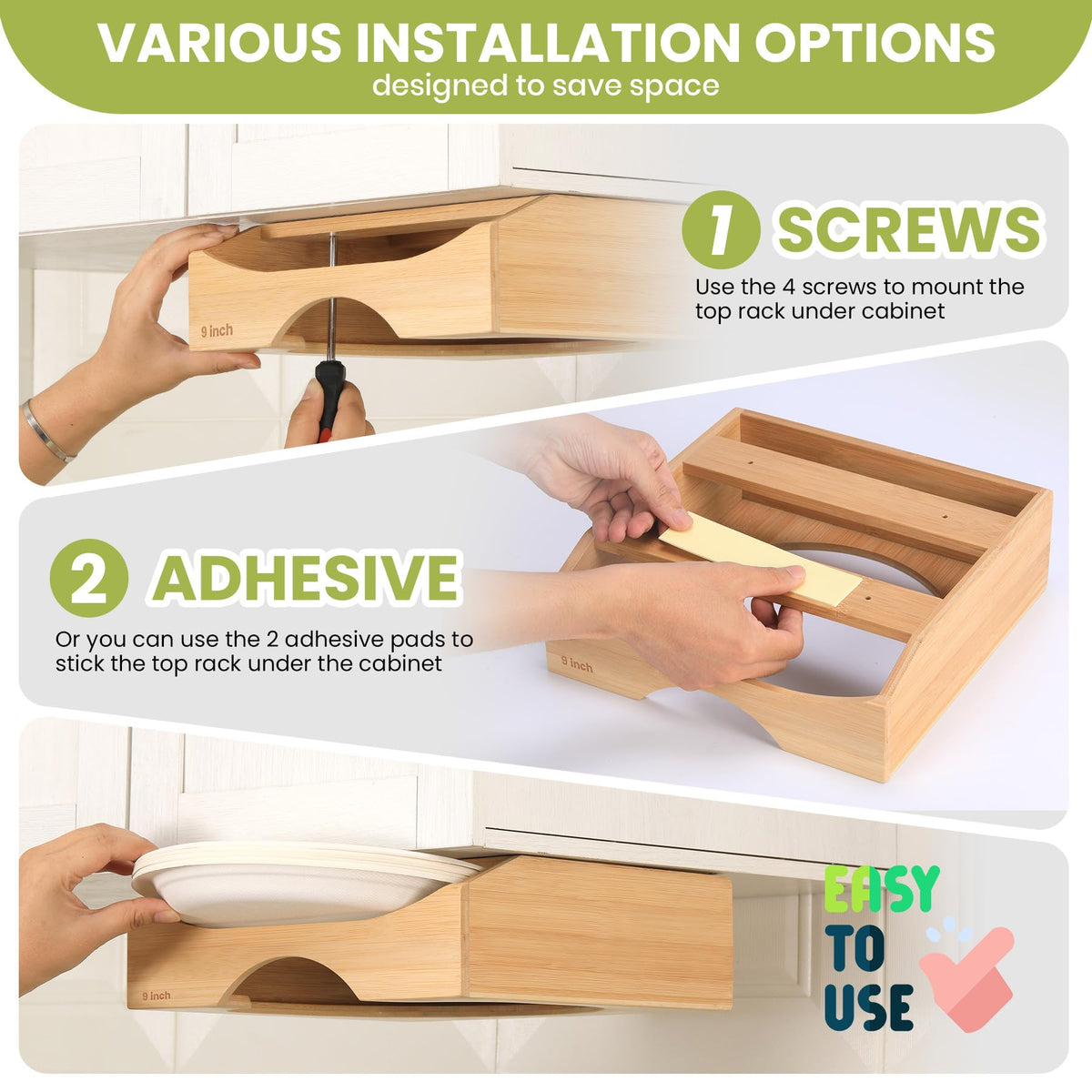 9-Inch Paper Plate Dispenser – Bamboo Under Cabinet & Countertop Plate Holder