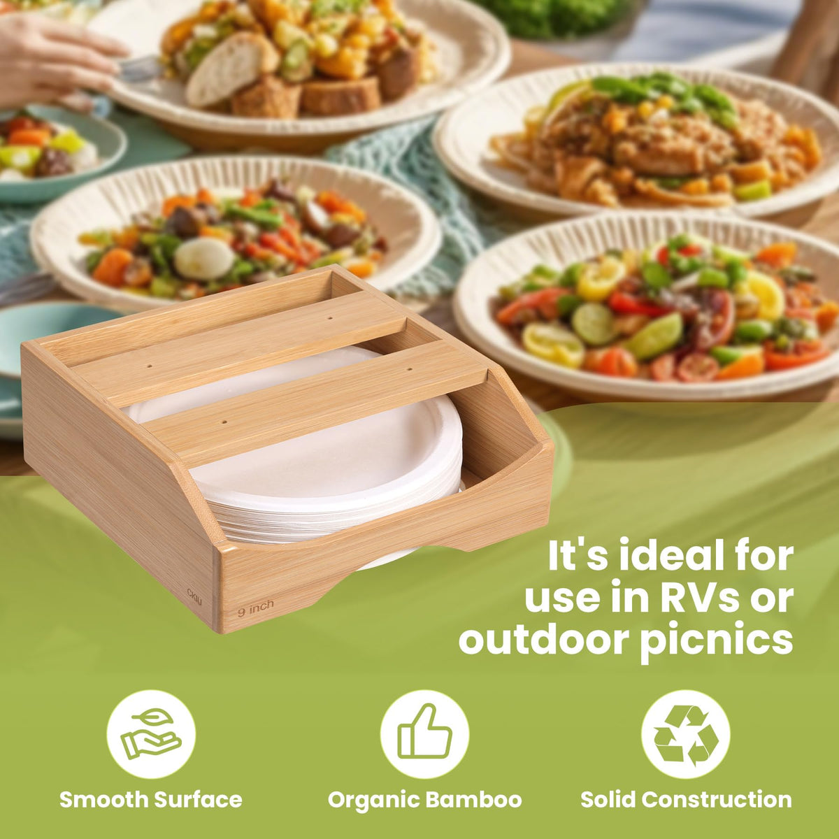 9-Inch Paper Plate Dispenser – Bamboo Under Cabinet & Countertop Plate Holder