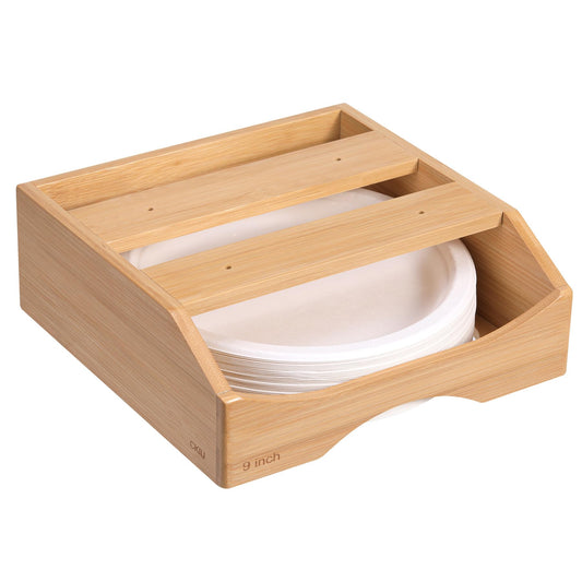 Dispensador de platos de papel de 9 pulgadas: soporte de bambú para platos bajo gabinete o encimera