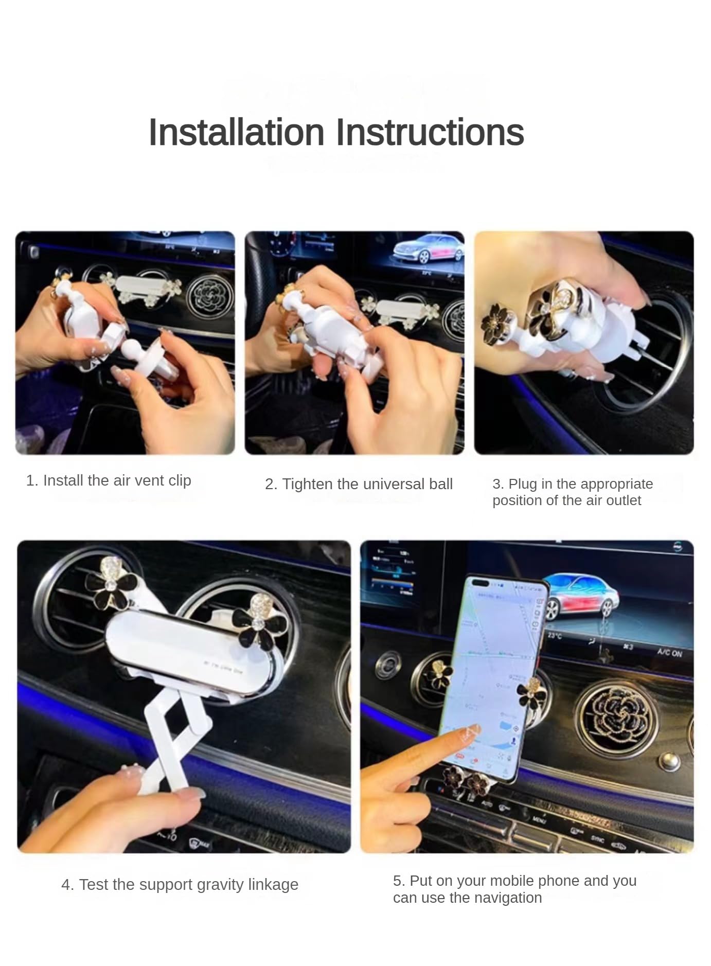 Rhinestone Camellia Car Phone Holder – Elegant Flower Air Vent Mount