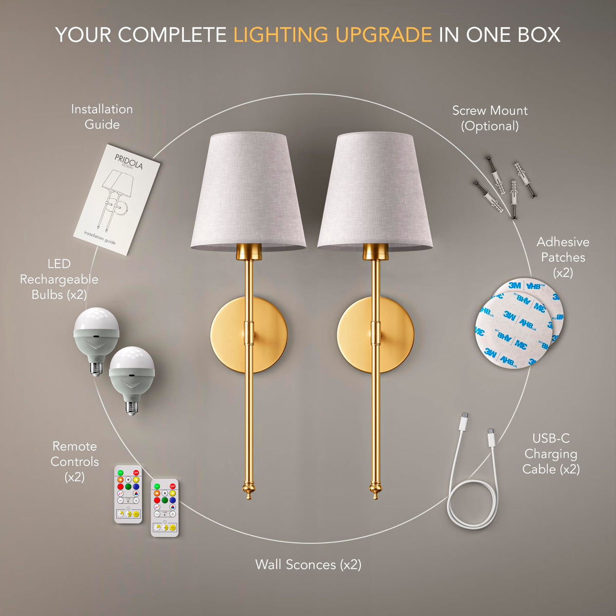 Wireless Wall Sconces – Rechargeable LED Wall Lights with Remote, No-Drill Installation