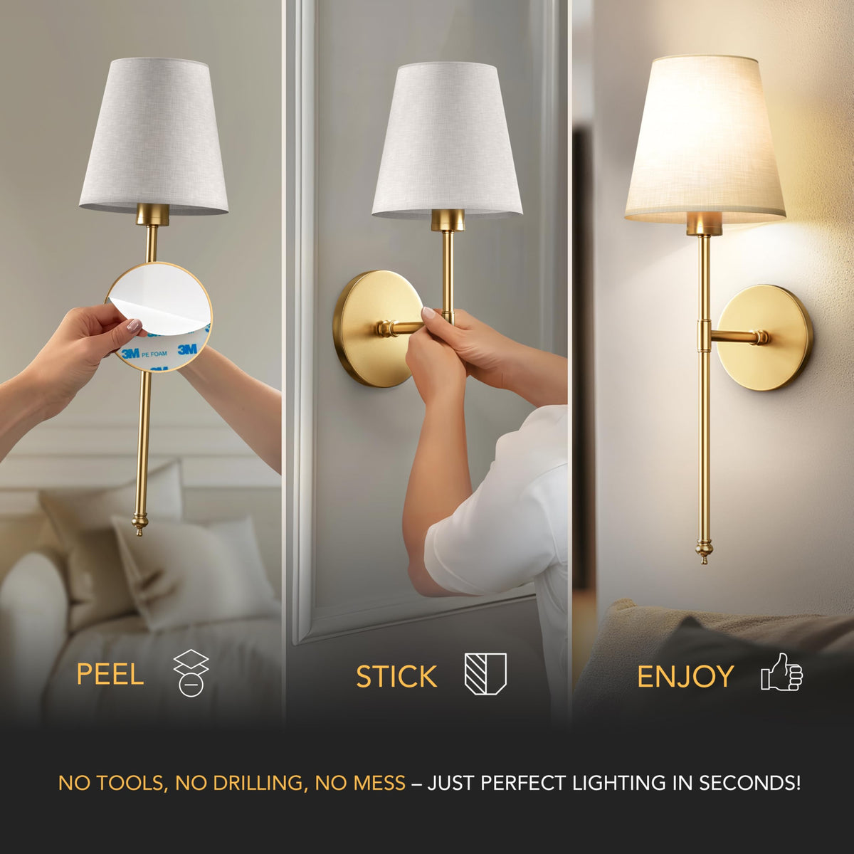 Wireless Wall Sconces – Rechargeable LED Wall Lights with Remote, No-Drill Installation