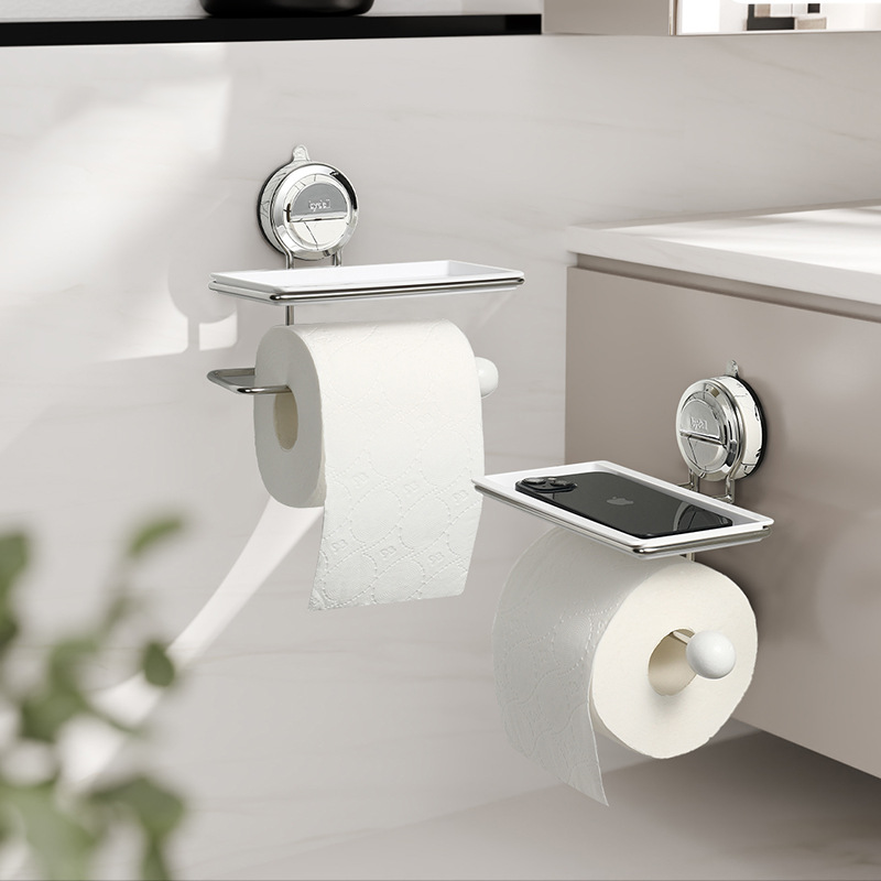 No-Drill Suction Walnut Wood & Steel Toilet Paper Holder